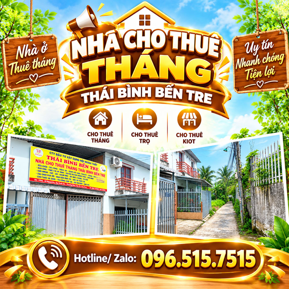 Nhà cho thuê tháng Thái Bình Bến Tre & cho thuê trọ, cho thuê kiot