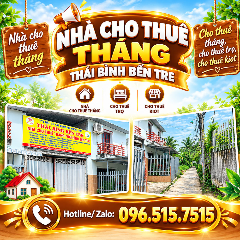 Nhà cho thuê tháng Thái Bình Bến Tre & cho thuê trọ, cho thuê kiot